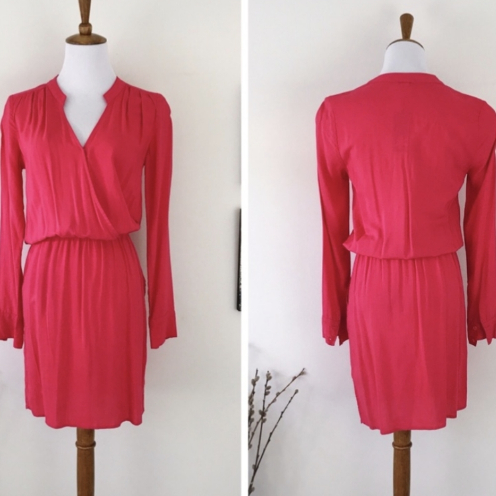 Splendid Neon Coral Long Sleeve V-neck Shirt Dress